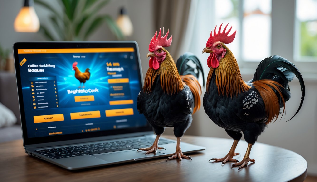 Dua ayam bangkok aduan di depan laptop yang menampilkan situs sabung ayam online dalam suasana ruang kerja yang nyaman.