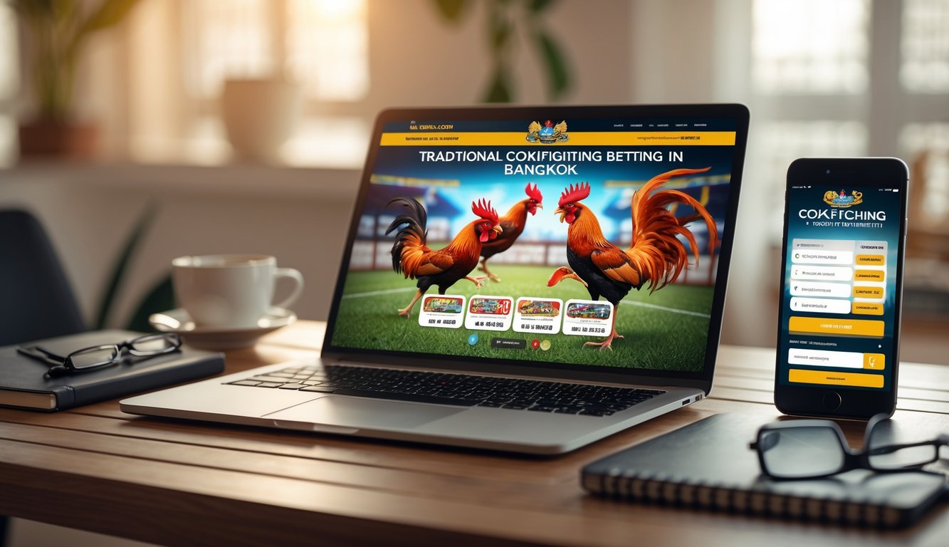 Seorang pengguna sedang melihat situs taruhan sabung ayam Bangkok di laptop dan ponsel di meja kerja yang rapi.
