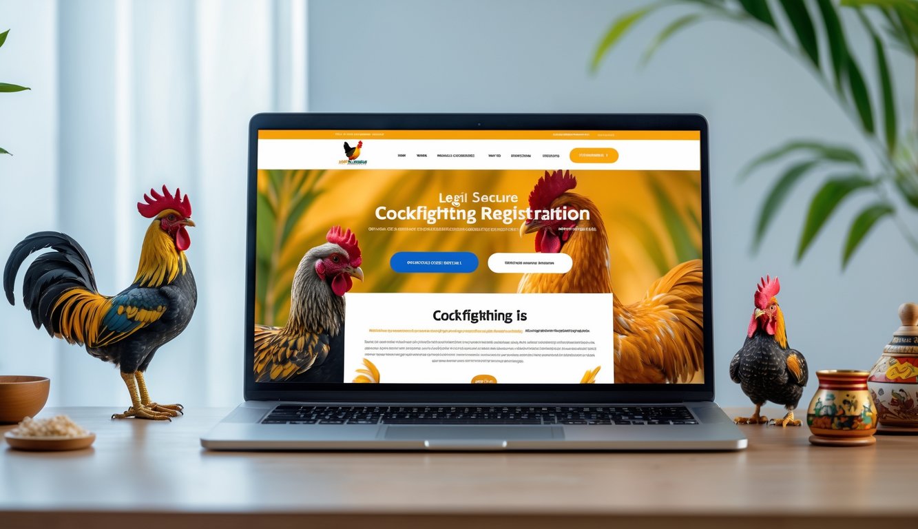 Seseorang sedang menggunakan laptop di meja kerja dengan hiasan patung ayam jago di sekitarnya.