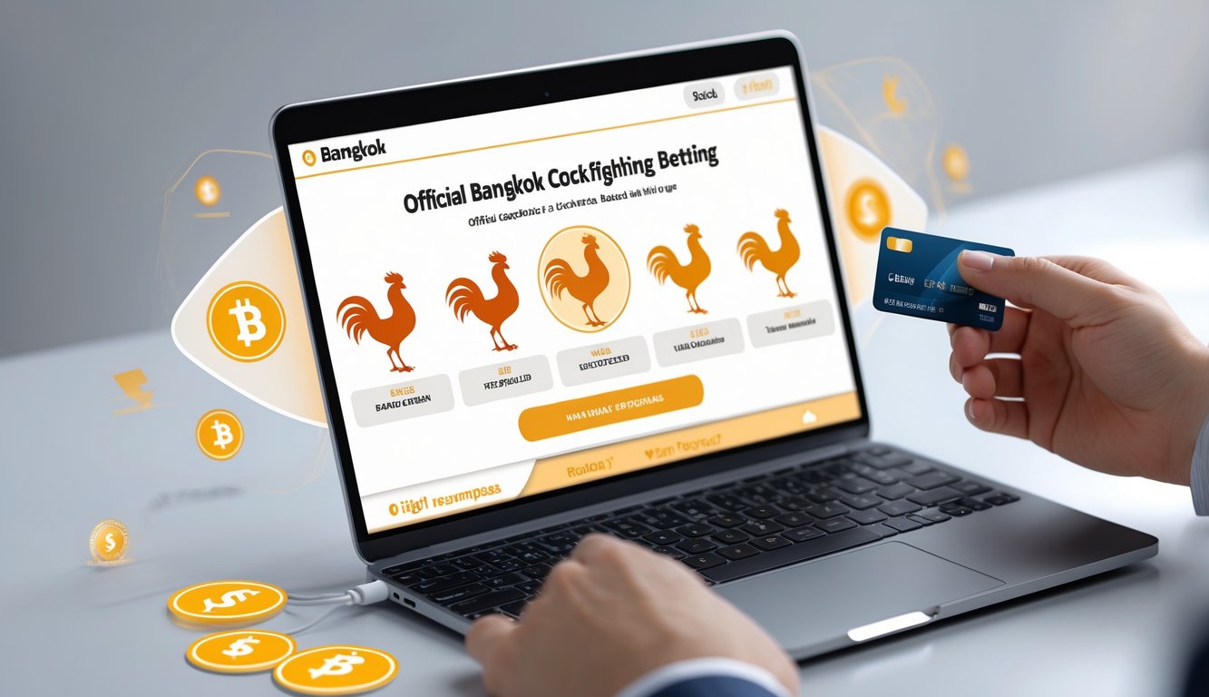 Seseorang menggunakan laptop atau ponsel untuk memasang taruhan sabung ayam Bangkok secara online dengan tampilan situs taruhan yang jelas dan elemen yang menunjukkan transaksi cepat dan deposit rendah.