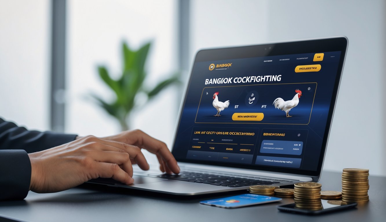 Seseorang menggunakan laptop di meja kerja dengan tampilan situs taruhan sabung ayam Bangkok online, di sekitar terdapat koin, kartu kredit, dan ponsel yang menunjukkan konfirmasi transaksi.