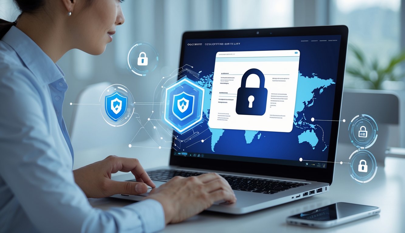 Seseorang menggunakan komputer di kantor modern dengan simbol keamanan digital di layar.