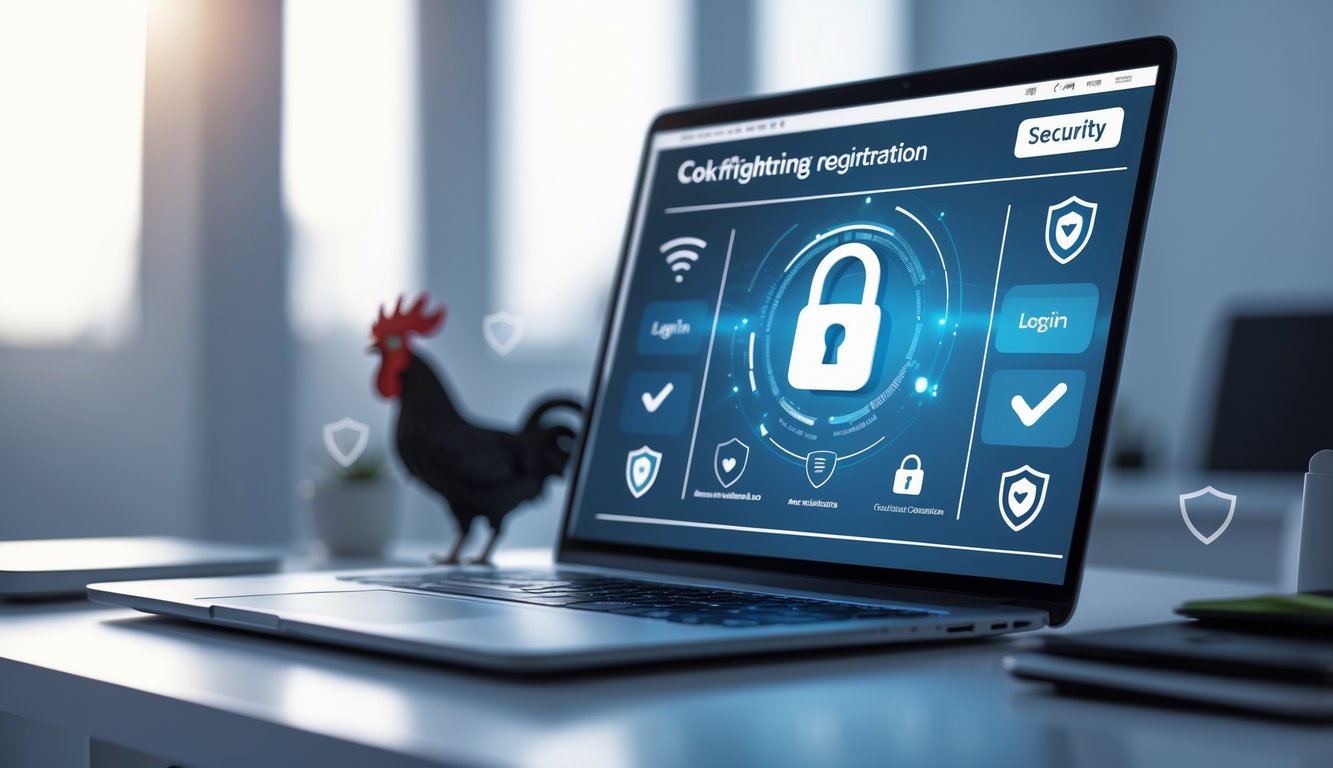 Laptop di atas meja dengan layar menampilkan sistem keamanan untuk pendaftaran sabung ayam online, dengan latar belakang yang bersih dan elemen simbol ayam jago.