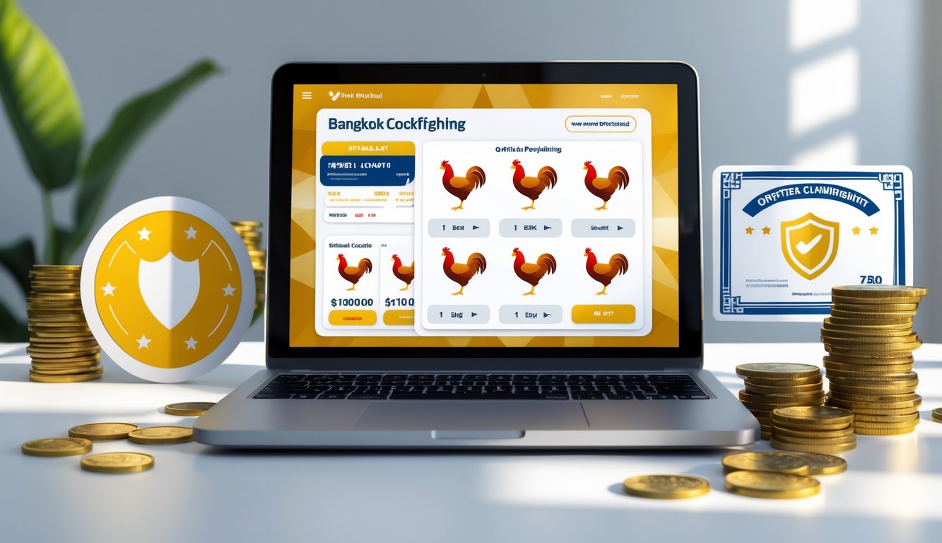 Sebuah meja kerja modern dengan laptop yang menampilkan situs taruhan online sabung ayam Bangkok, dikelilingi oleh simbol kepercayaan dan pembayaran.