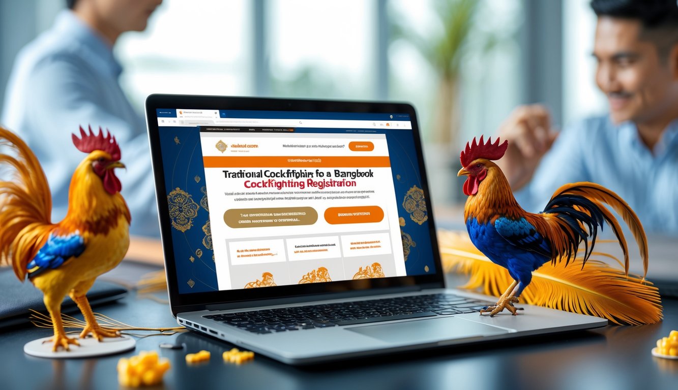 Seseorang menggunakan laptop di meja kerja dengan elemen tradisional ayam sabung Bangkok di sekitarnya.