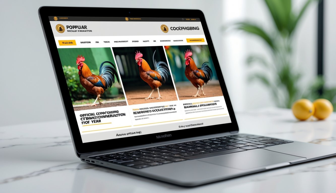 Layar perangkat menampilkan antarmuka situs web dengan gambar ayam Bangkok yang menarik dan desain modern.