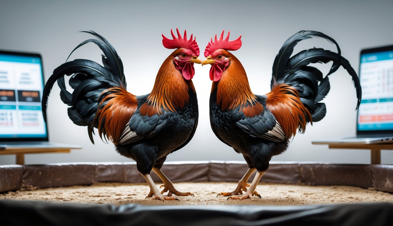 Dua ayam Bangkok berwarna cerah sedang bertarung di arena sabung ayam dengan latar belakang perangkat digital yang menunjukkan aktivitas online.