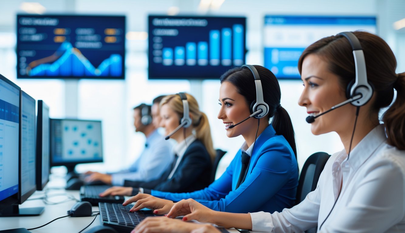Tim layanan pelanggan sedang bekerja di pusat panggilan modern dengan komputer dan headset.