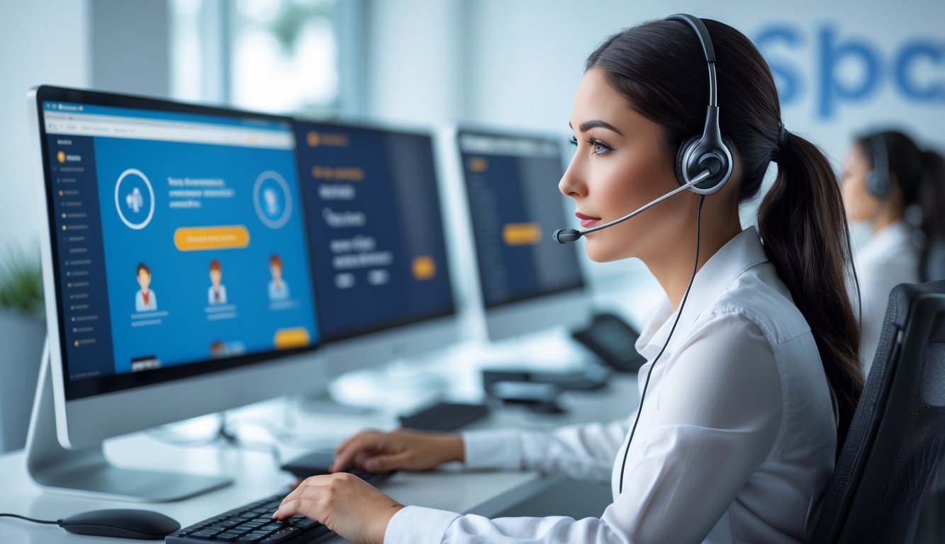 Seorang wanita muda dengan headset sedang bekerja di pusat layanan pelanggan dengan beberapa monitor komputer di mejanya.