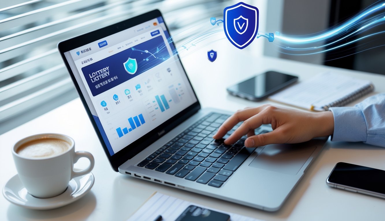 Seorang pengguna bekerja dengan laptop di meja yang rapi, menampilkan antarmuka situs lotere online, dengan elemen yang menunjukkan keamanan dan kecepatan proses.