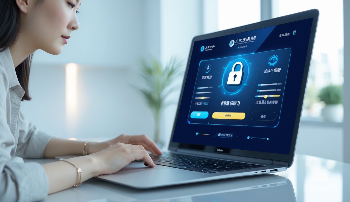 Seseorang menggunakan laptop di kantor modern dengan layar menampilkan antarmuka platform lotere online yang aman dan cepat.