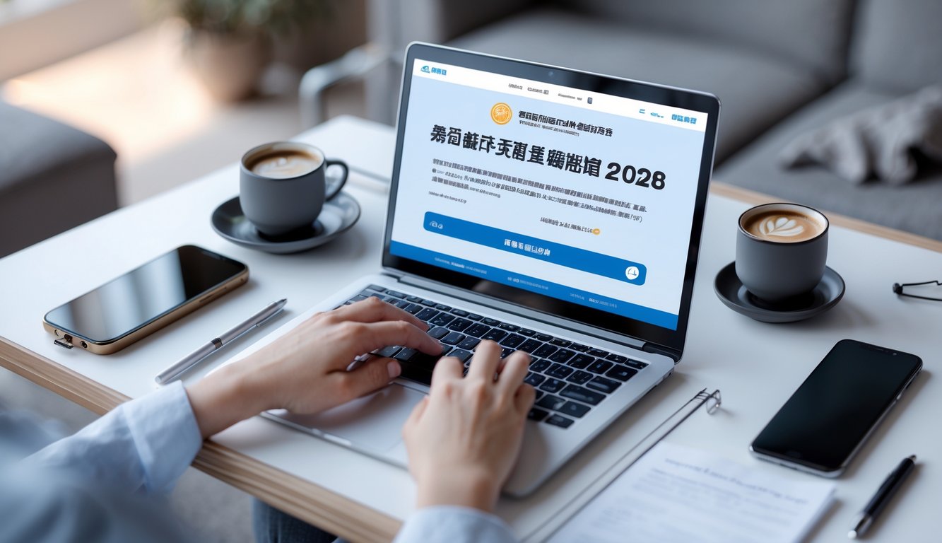 Seseorang menggunakan laptop di meja kerja dengan alat tulis dan kopi, fokus pada pendaftaran togel online resmi Taiwan tahun 2026.