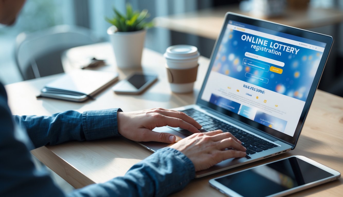 Sebuah meja kerja modern dengan laptop dan tangan seseorang yang sedang mengetik, menunjukkan proses pendaftaran togel online yang mudah dan terpercaya.