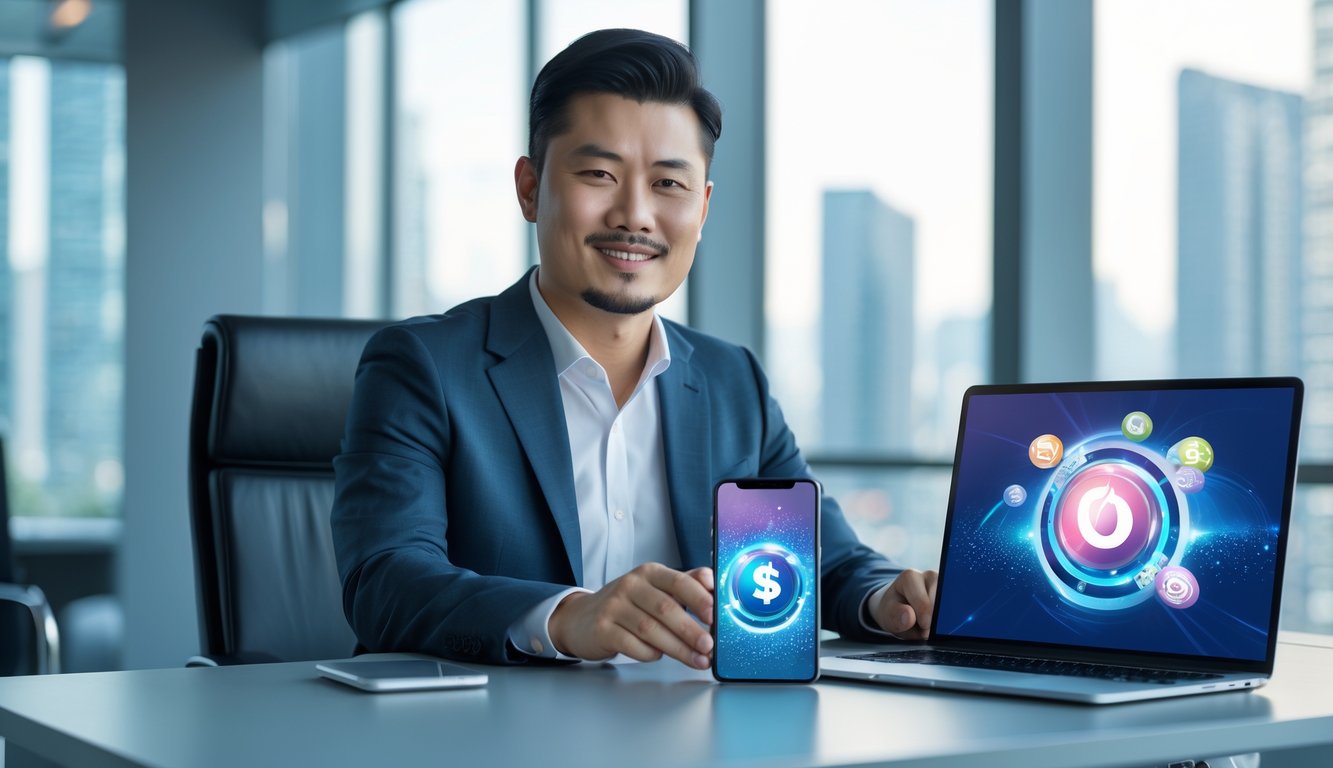 Seorang pria Asia duduk di meja kantor modern dengan perangkat digital yang menampilkan grafik terkait togel, di latar belakang pemandangan kota Taiwan.