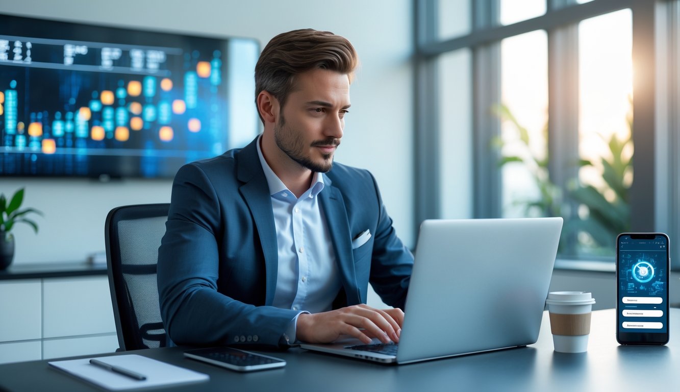 Seorang profesional duduk di meja kerja dengan laptop, di ruang kantor modern yang terang dan rapi, menunjukkan suasana kerja yang terpercaya dan aman.