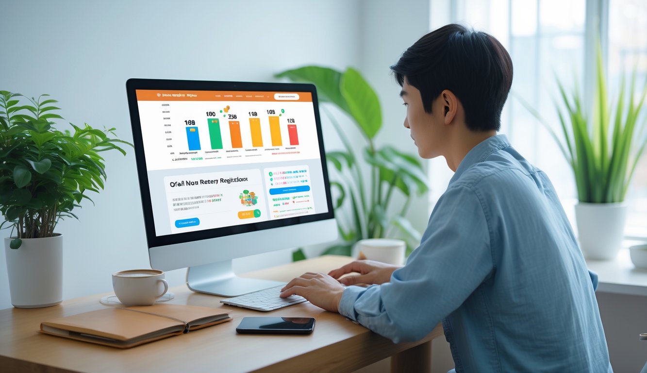 Seorang dewasa muda Asia duduk di meja kerja dengan laptop, smartphone, dan secangkir kopi, terlihat fokus menggunakan situs web terkait lotere online di ruangan terang dengan tanaman hijau.