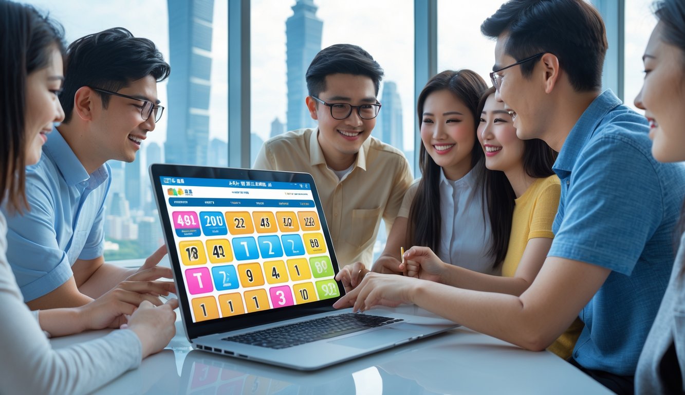 Beberapa orang muda sedang duduk di meja dengan laptop yang menampilkan situs togel online, dengan latar belakang pemandangan kota Taipei dan bendera Taiwan kecil di meja.