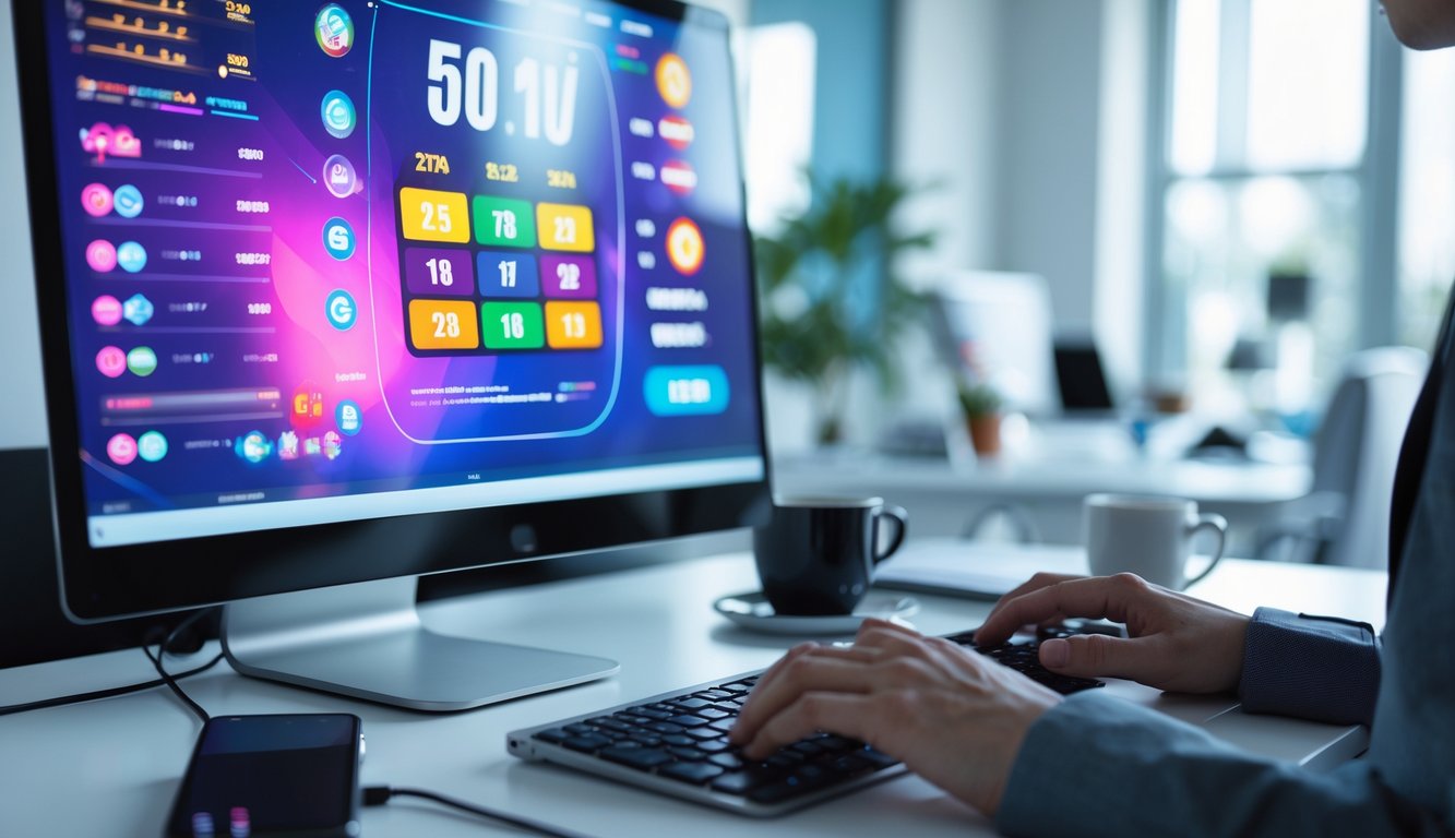 Seseorang sedang bekerja di depan komputer dengan layar menampilkan antarmuka digital terkait lotere online di ruang kantor yang terang dan rapi.