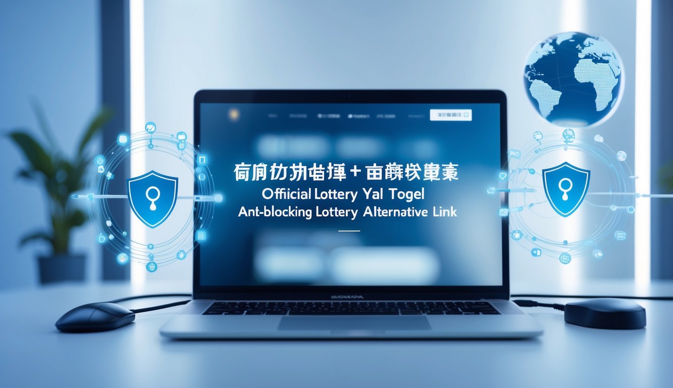 Sebuah laptop di meja kerja modern dengan elemen digital yang melambangkan keamanan dan akses internasional untuk pendaftaran togel Taiwan online.