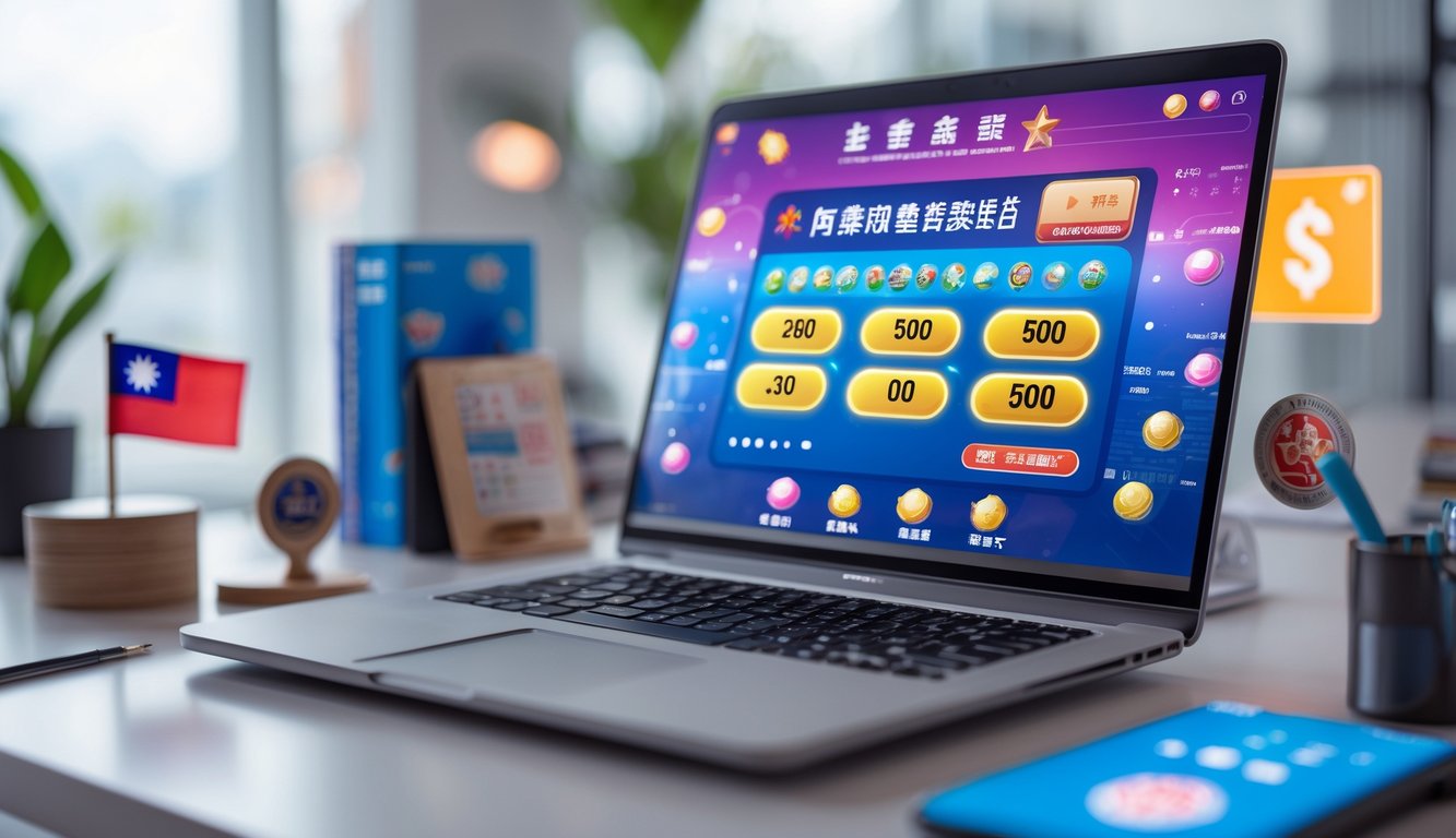 Seseorang menggunakan komputer dengan layar yang menampilkan situs lotere online, di meja terdapat hiasan kecil bertema Taiwan dan ikon digital yang menunjukkan transaksi dan bonus.