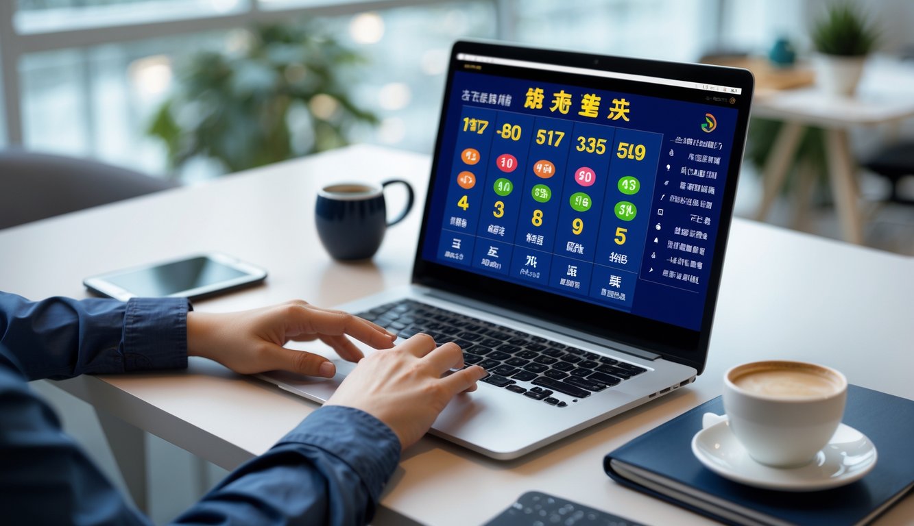 Seseorang menggunakan laptop di meja kerja dengan tampilan antarmuka lotere digital, di lingkungan kantor yang rapi dan terang.