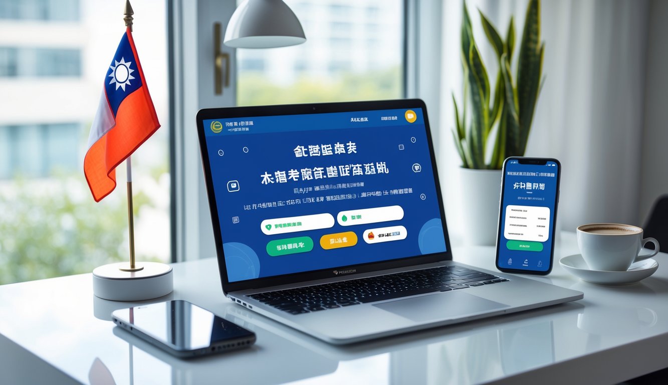 Meja kerja modern dengan laptop menampilkan antarmuka situs lotere online Taiwan, ponsel dengan layar konfirmasi pembayaran, dan bendera kecil Taiwan di latar belakang.
