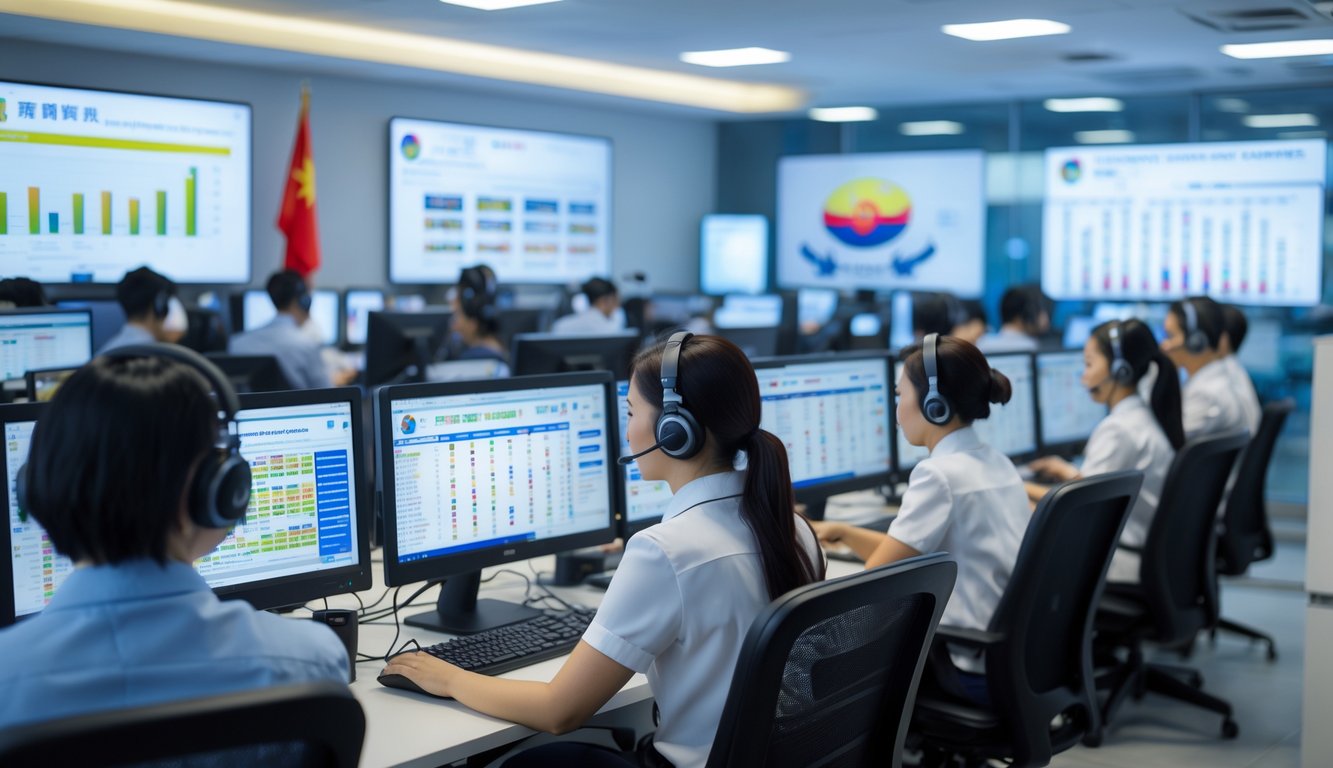 Suasana kantor modern dengan tim layanan pelanggan yang sedang bekerja menggunakan headset dan komputer, menunjukkan dukungan layanan 24 jam.