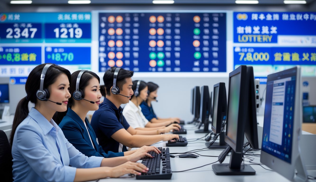 Pusat layanan pelanggan modern dengan staf yang menggunakan headset dan bekerja di depan komputer, memberikan dukungan untuk layanan togel online.