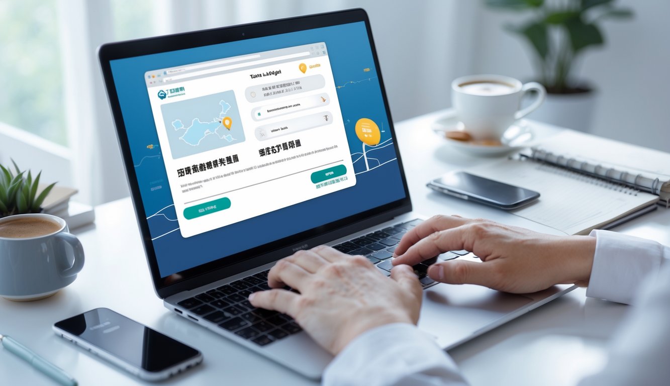 Seseorang sedang menggunakan laptop dan ponsel di meja kerja dengan suasana terang dan rapi.