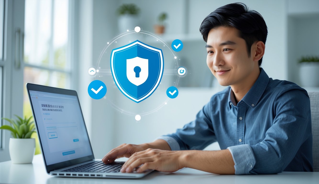 Seorang pria Asia muda duduk di meja dengan laptop, sedang mendaftar secara online di lingkungan kantor rumah yang terang dan rapi.