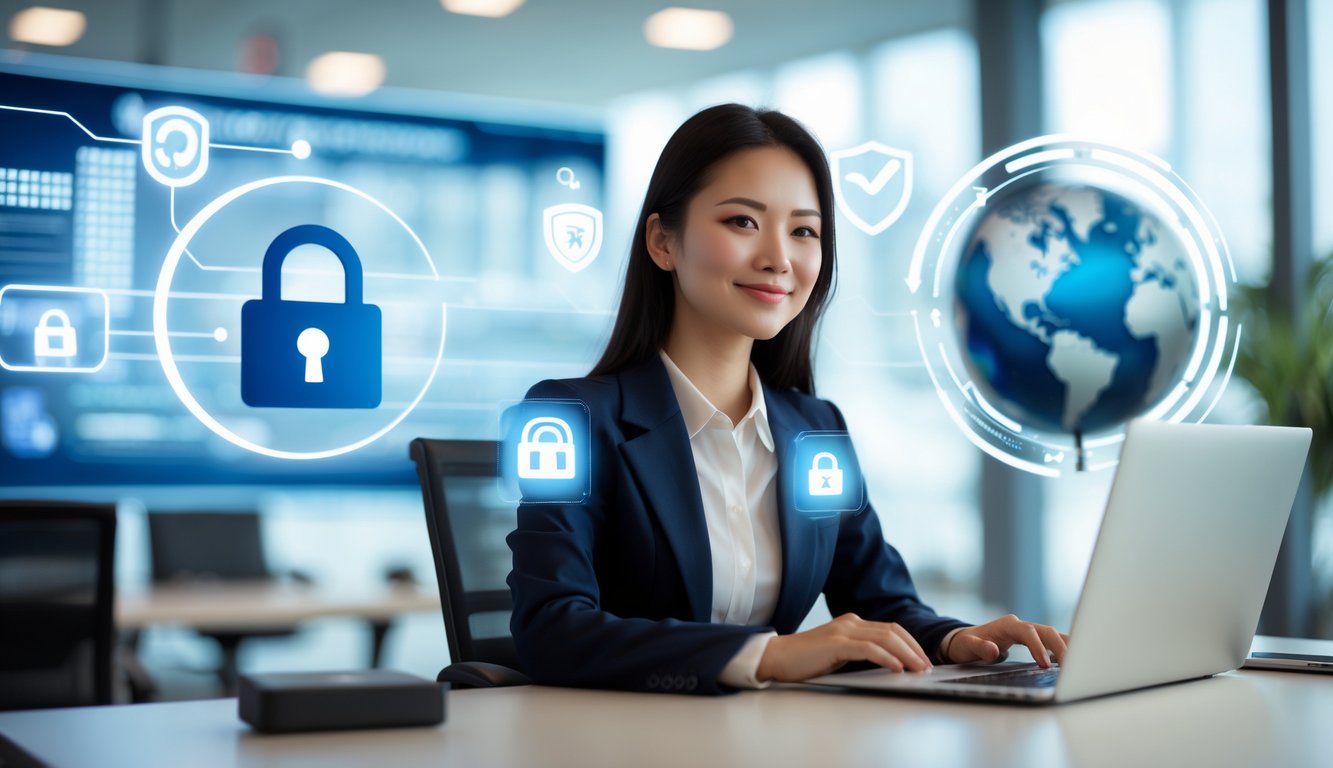 Seorang wanita Asia muda duduk di meja kantor menggunakan laptop dengan ekspresi percaya diri dan latar belakang teknologi.