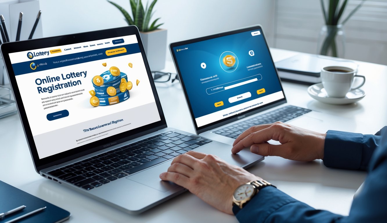 Seorang pengguna sedang mendaftar togel Taiwan online di laptop dengan smartphone di meja kerja yang rapi.