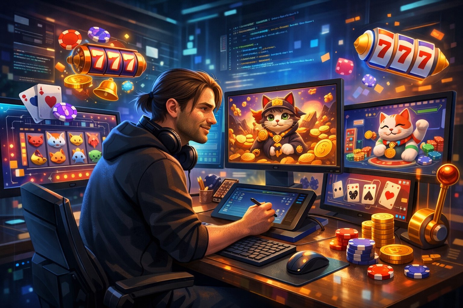 A Game Developer Working At A Desk Surrounded By Computer Screens Showing Colorful CatThemed Casino Game Graphics And Gaming Icons.