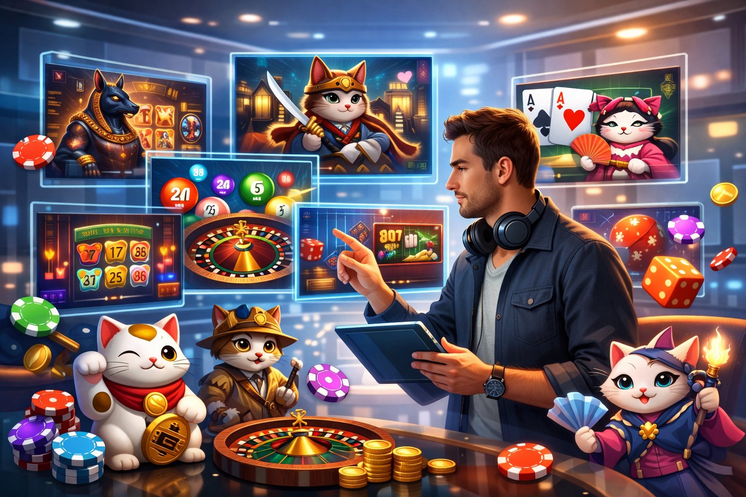 A Person Reviewing A Variety Of Casino Games On Multiple Floating Screens With Colorful Game Icons And CatThemed Characters In A Modern Digital Setting.