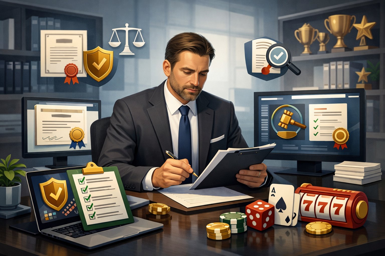 A Business Professional Reviewing Documents And Digital Screens Related To Licensing And Compliance In An Office Setting With GamingRelated Icons Around.
