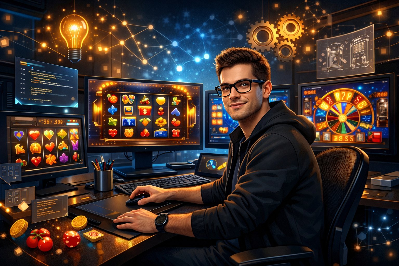 A Developer Working At A Computer Surrounded By Casino Game Graphics And Design Elements In A HighTech Workspace.