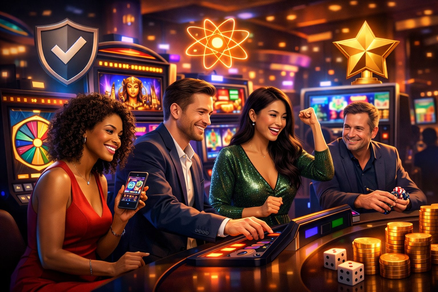 A Group Of People Enjoying Colorful Casino Games In A Modern Casino Setting, Surrounded By Glowing Slot Machines And Symbols Representing Trust And Quality.