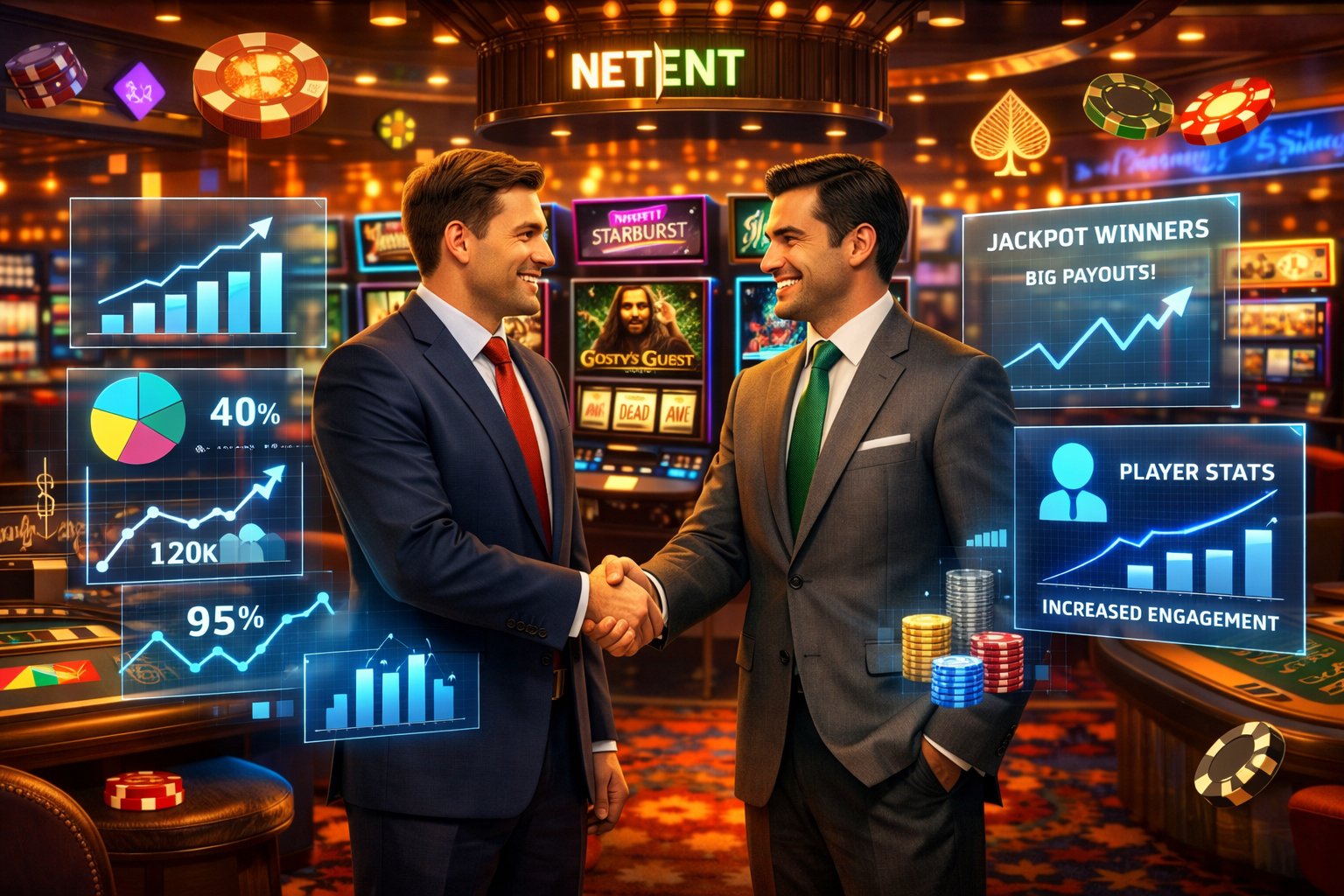 Two Business Professionals Shaking Hands On A Casino Floor With Slot Machines And Gaming Tables In The Background, Surrounded By Floating Charts And GameRelated Icons.