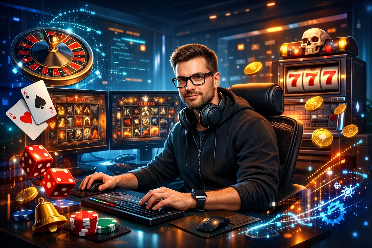 A Software Developer Working At A Desk With Multiple Monitors Showing Casino Game Graphics And Game Symbols Like Cards And Dice In A Modern Office.