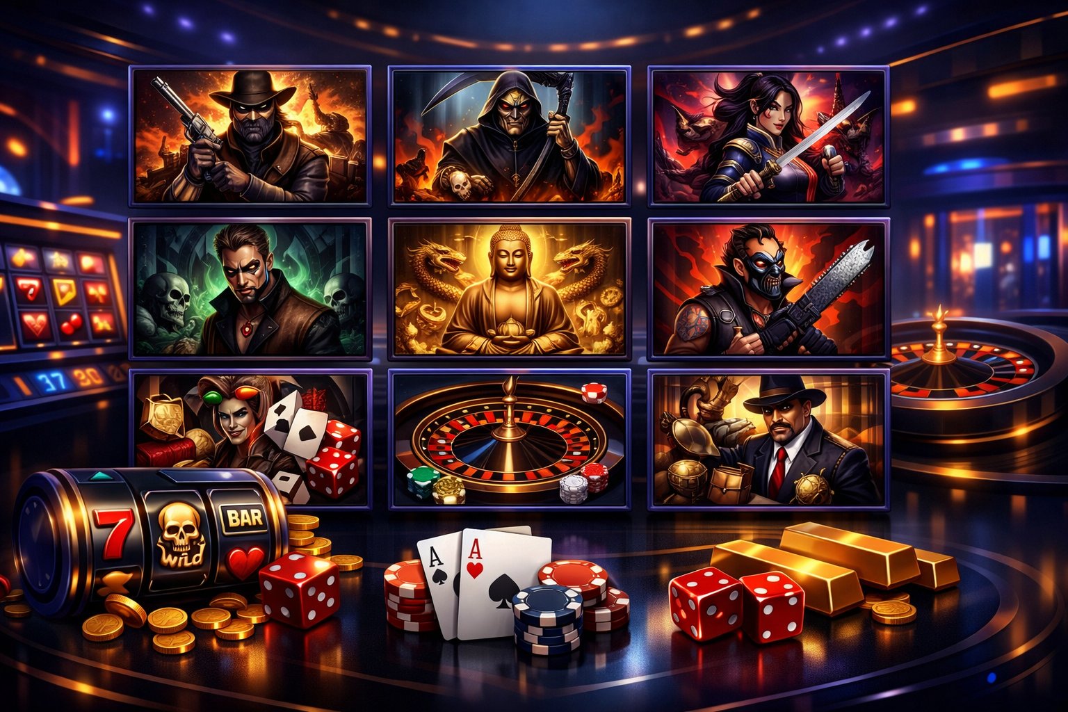A Digital Display Showing A Variety Of Casino Games Including Slot Machines, Poker Cards, Roulette Wheels, And Dice In A Modern Casino Setting.