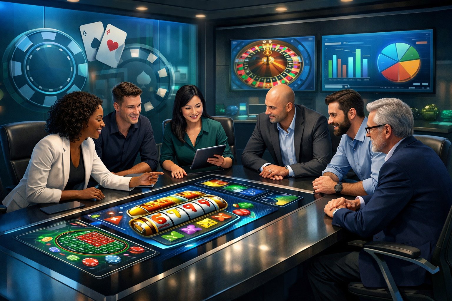 A Group Of Professionals Working Together In A Modern Office With Digital Screens Showing Casino Game Graphics And GamingRelated Decor.