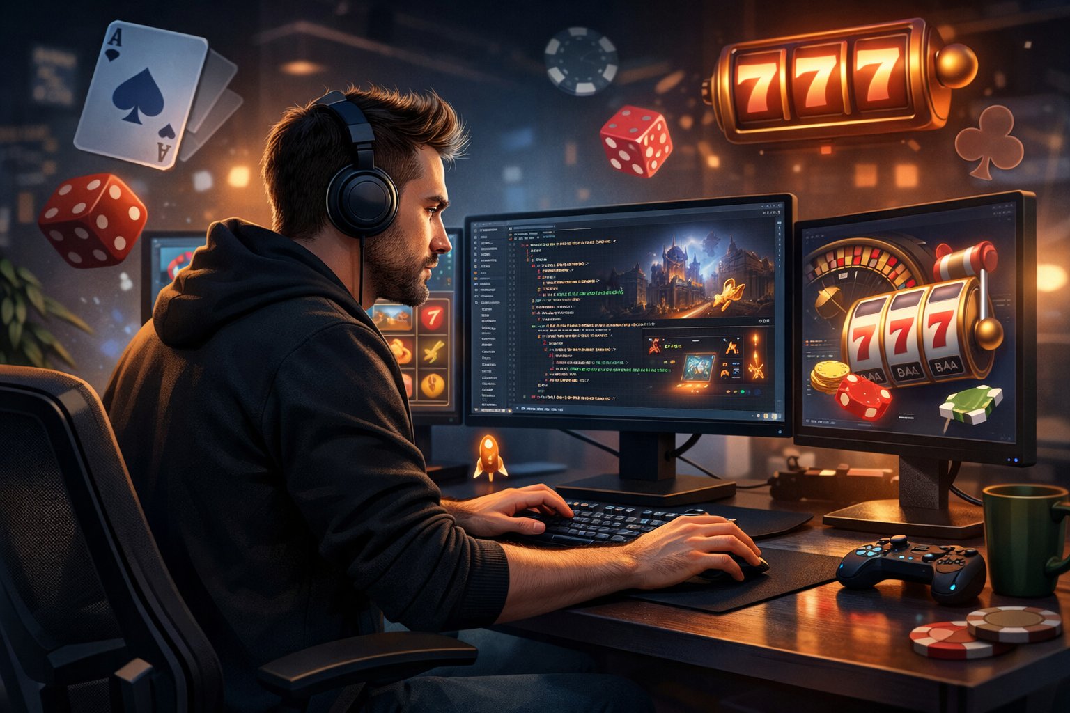 A Game Developer Working At A Desk With Multiple Screens Showing Casino Game Elements Like Playing Cards And Dice, Surrounded By A Modern Tech Workspace.