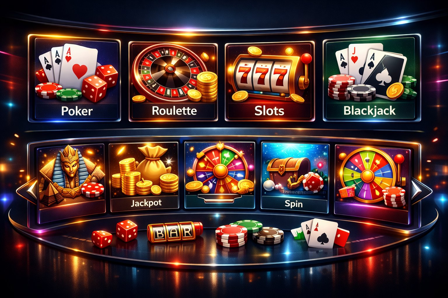 A Digital Interface Displaying A Variety Of Casino Game Icons Including Poker, Roulette, Slots, And Blackjack, Set Against A Dark, Glowing Background.