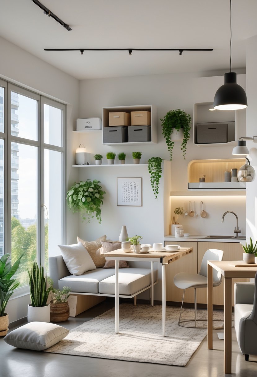 A bright small apartment interior with multi-functional furniture, indoor plants, cozy textiles, decorative lighting, a compact kitchen, and a small workspace.