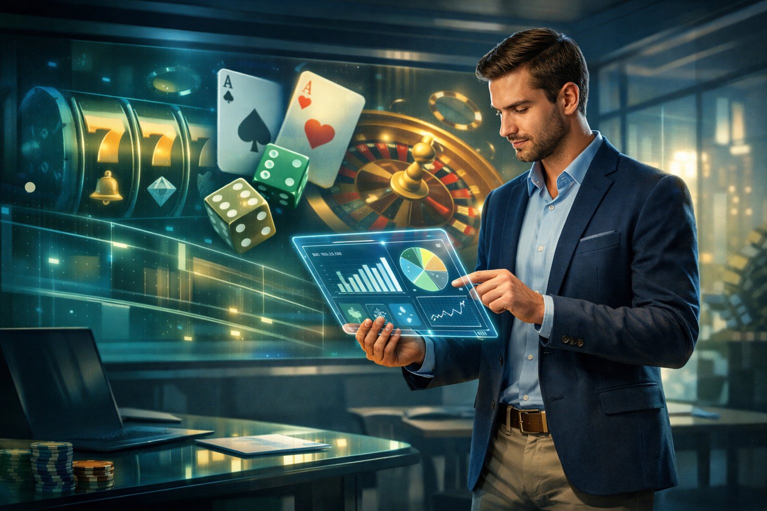 A Business Professional Analyzing Casino Game Data On A Digital Tablet In A Modern Office With Abstract Casino Game Elements In The Background.