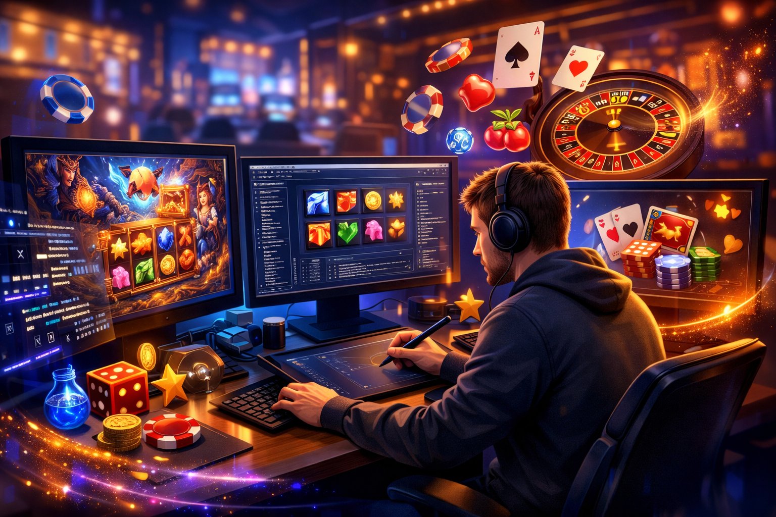 A Developer Working At A Computer Surrounded By Casino Game Elements Like Slot Machines, Cards, And Chips In A HighTech Workspace.