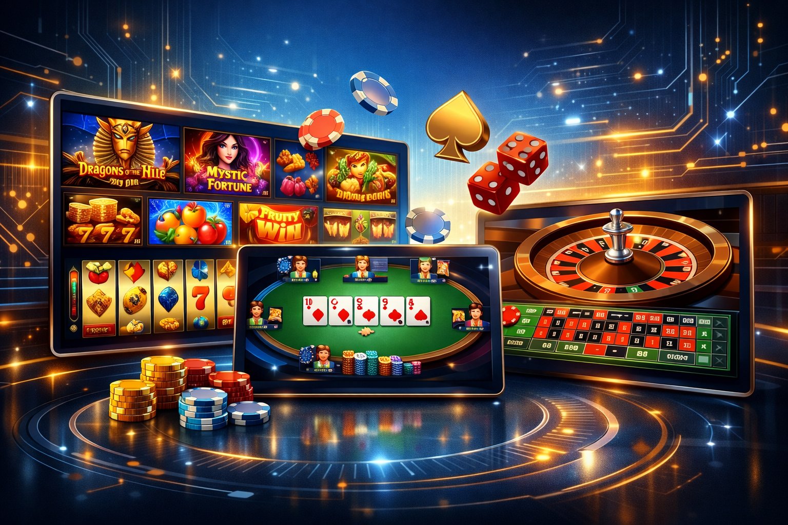A Vibrant Casino Gaming Scene Showing Various Digital Slot Machines And Card Games On Multiple Screens With A HighTech Background.