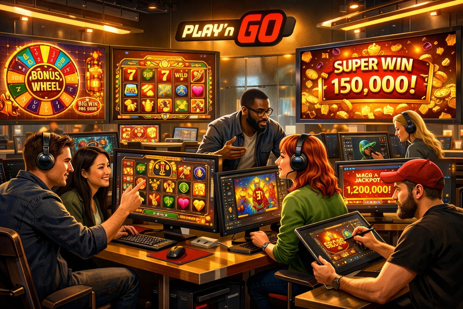 A Modern Office With Game Developers Collaborating Around Computers Displaying Colorful Casino Game Graphics And Spinning Reels.
