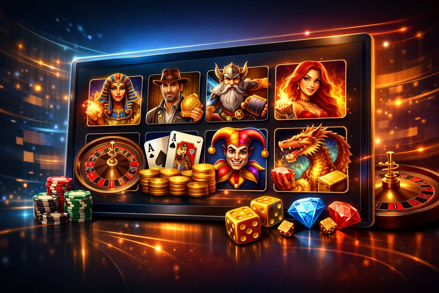 A Digital Display Showing A Variety Of Colorful Casino Game Icons Including Slots, Cards, And Roulette Wheels Arranged Neatly On A Sleek Interface.
