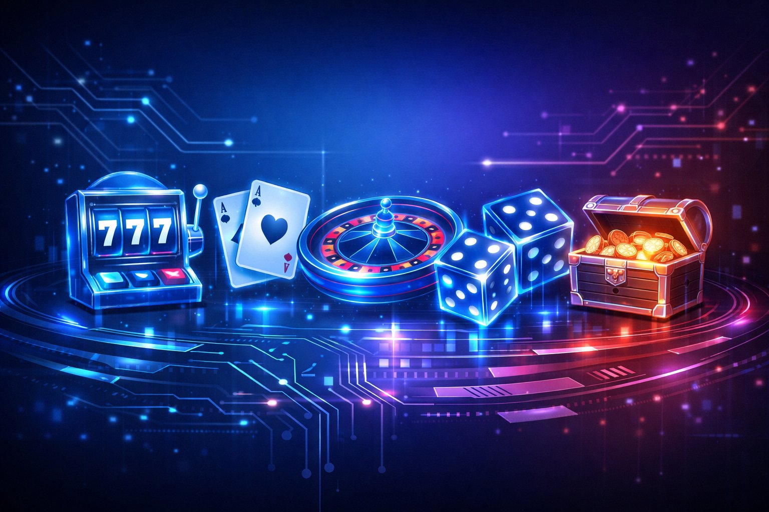 A Futuristic Digital Dashboard Displaying Holographic Casino Game Icons Like Slot Machines, Cards, And Dice With Glowing Circuit Patterns And Data Streams In A Modern HighTech Environment.